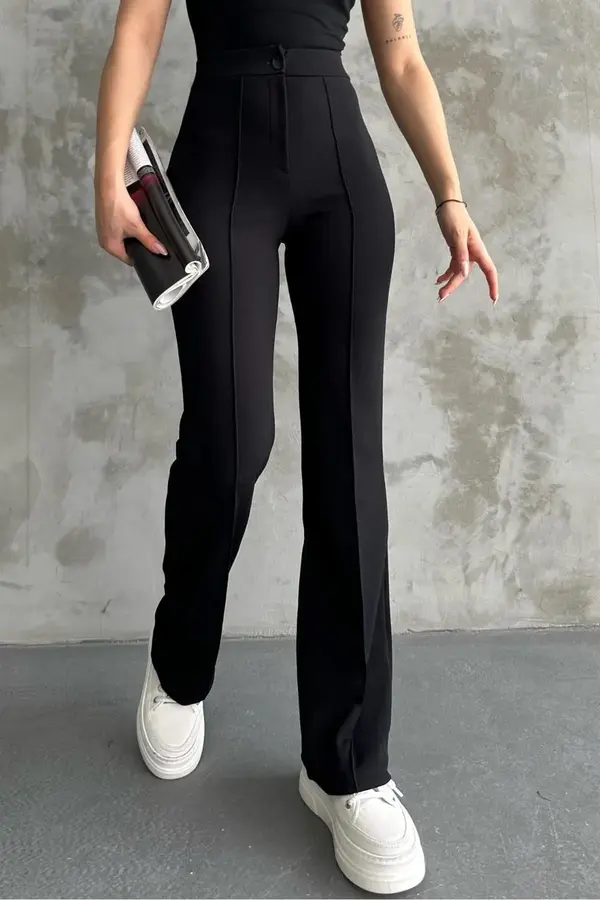 dewberry 80272 Dewbery High Waist Slim Fit Wide Leg Pants-BLACK
