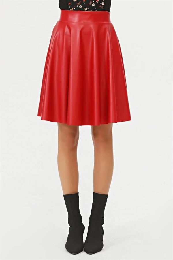 dewberry 88854 Dewberry Flared Faux Leather Skirt-RED