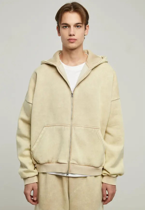 Urban Classics 90s Zip-Up Hoodie in Heavy Stone Washed Beige