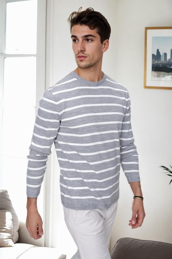 dewberry 99741 Dewberry Crew Neck Striped Casual Knitwear Sweater-GREY