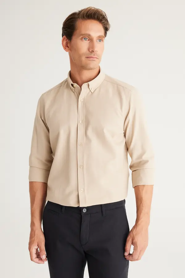 AC&Co / Altınyıldız Classics AC&Co / Altınyıldız Classics Men's Oxford Beige Button-Down Collar Easy Iron Cotton Slim Fit Slim Fit Shirt