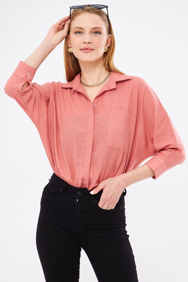 armonika armonika Women's Dark Pink Loose Linen Shirt with Pockets