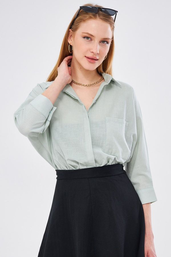 armonika armonika Women's Light Mint Pocket Casual Linen Shirt