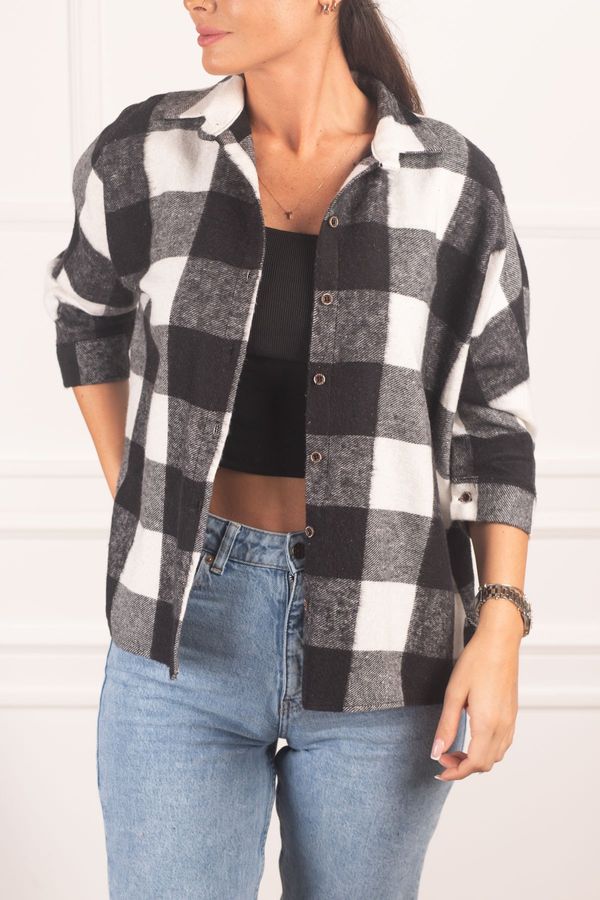 armonika armonika Women's Black-White Square Patterned Casual Shirt