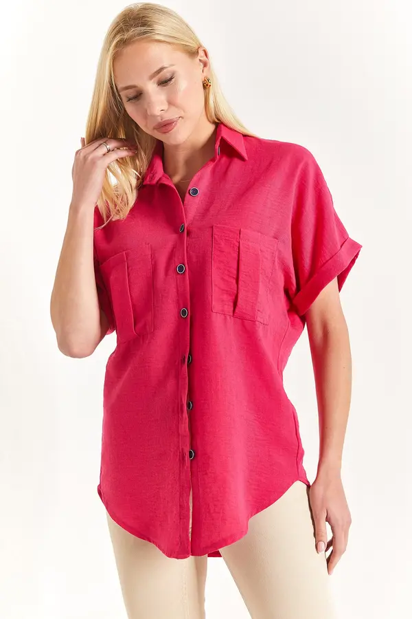 armonika armonika Women's Fuchsia Linen Shirt with Double Pocket Detail and a yoke at the back