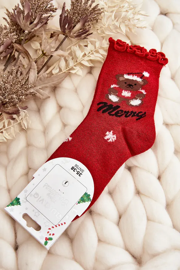 Aura.via Aura.via Women's Brocade Christmas Socks with Red Teddy Bear