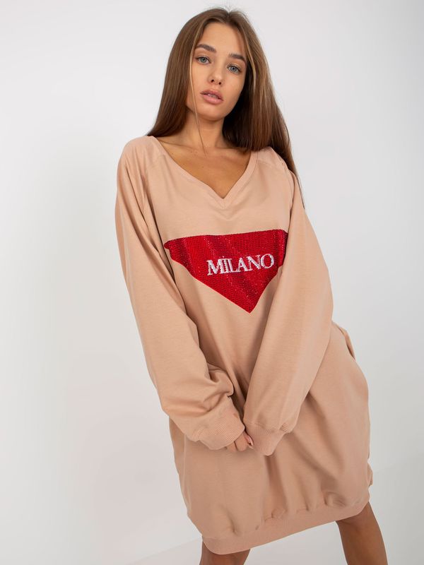 Fashionhunters Beige Oversized Long Sweatshirt with Rhinestone Application