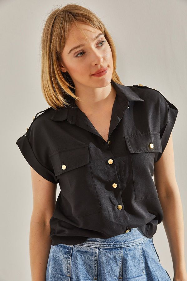 Bianco Lucci Bianco Lucci Women's Black Low Shoulder Double Pocket Button Detailed Shirt