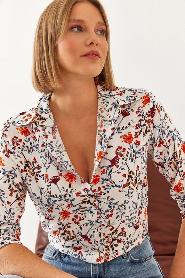 Bianco Lucci Bianco Lucci Women's Floral Patterned Folded Sleeve Viscose Shirt