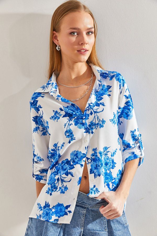 Bianco Lucci Bianco Lucci Women's Floral Patterned Folding Sleeve Viscose Shirt