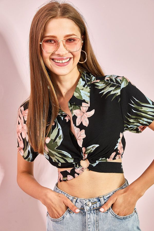 Bianco Lucci Bianco Lucci Women's Ring Detail Tied Crop Shirt