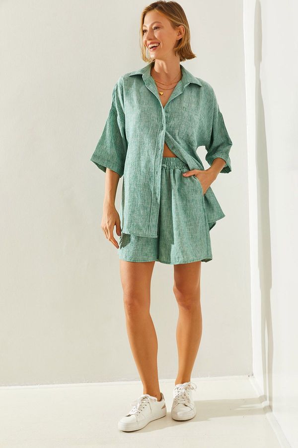 Bianco Lucci Bianco Lucci Women's Short Sleeve Shirt with Waist Elastic Basic Shorts Linen 160 Top and Bottom Set