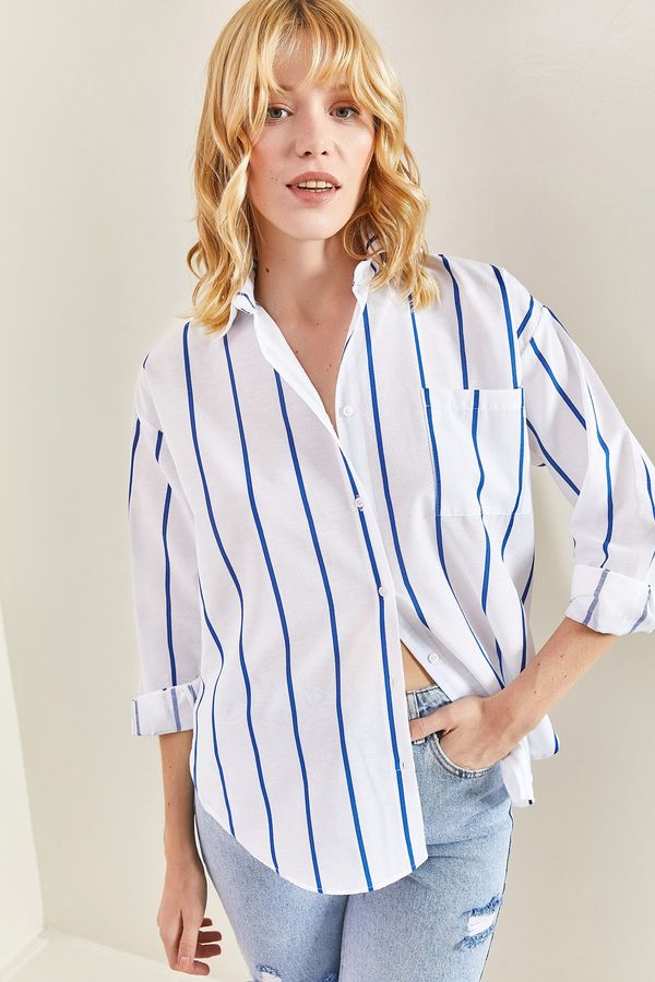 Bianco Lucci Bianco Lucci Women's Single Pocket Striped Oversize Shirt