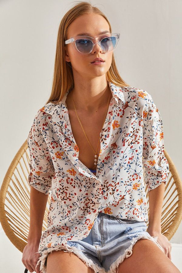 Bianco Lucci Bianco Lucci Women's Sleeve Fold Floral Patterned Shirt