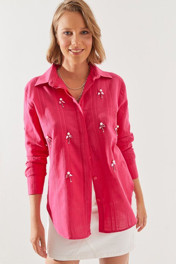 Bianco Lucci Bianco Lucci Women's Stone Pearl Embroidered Oversize Shirt 5916