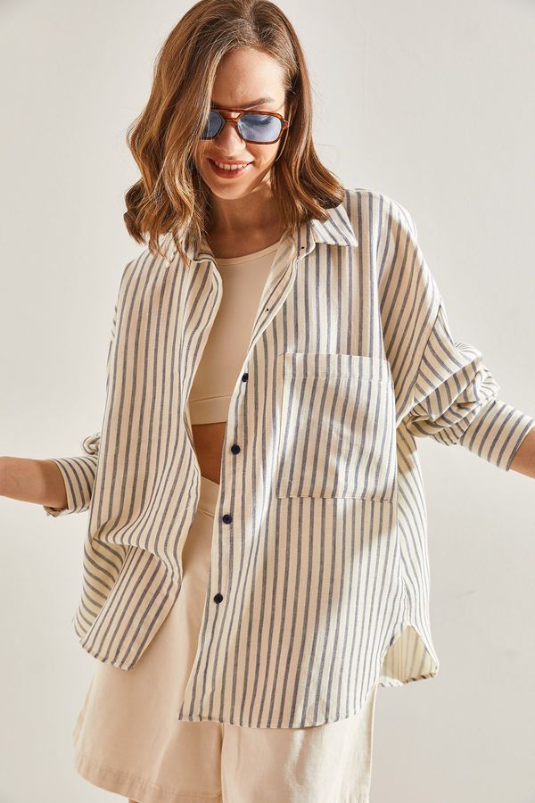 Bianco Lucci Bianco Lucci Women's Striped Single Pocket Oversize Shirt