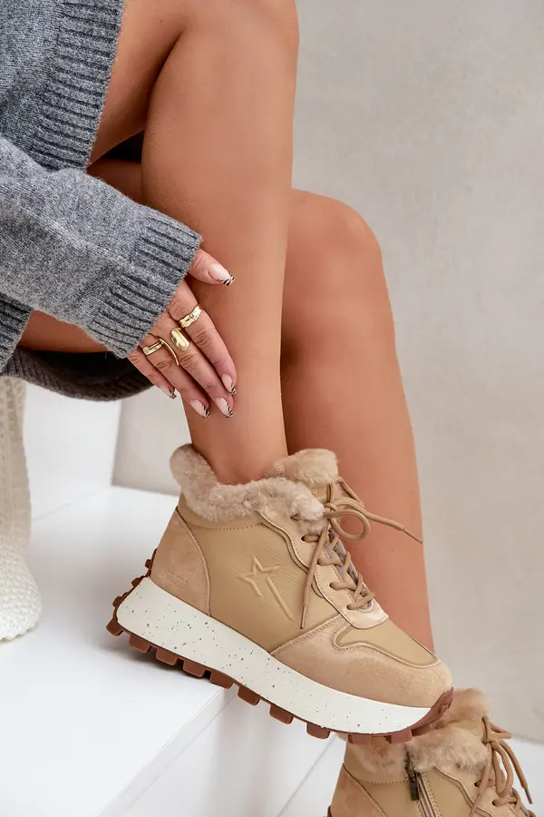 BIG STAR SHOES BIG STAR SHOES Leather Sneakers Ankle Boots For Women With Fur On Platform Big Star