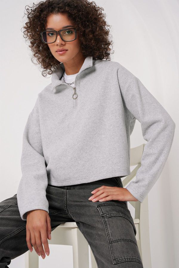 Bigdart Bigdart 55449 Zipper Collar Knitted Sweatshirt - Gray