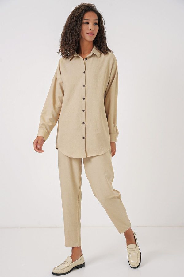 Bigdart Bigdart Women's Beige Oversize Linen Bottom Top Set 6622