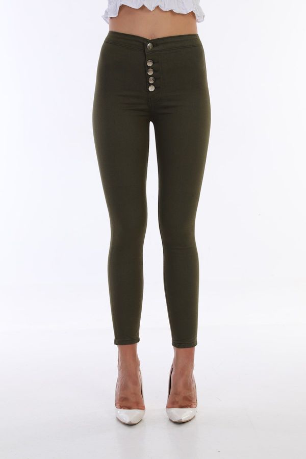 BİKELİFE BİKELİFE Ženske kaki visoke struk mršave noge zakopčane tajice hlače