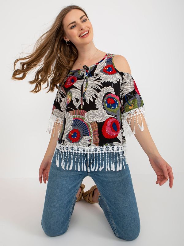 Fashionhunters Black blouse with print and tie at neckline