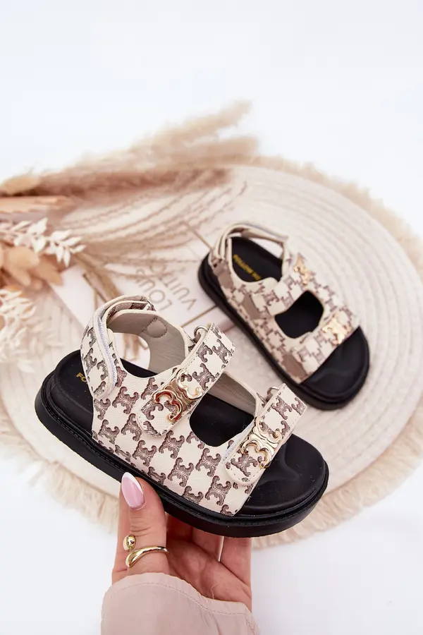 Boto Boto Children's Velcro Sandals With Golden Details Beige Cavina