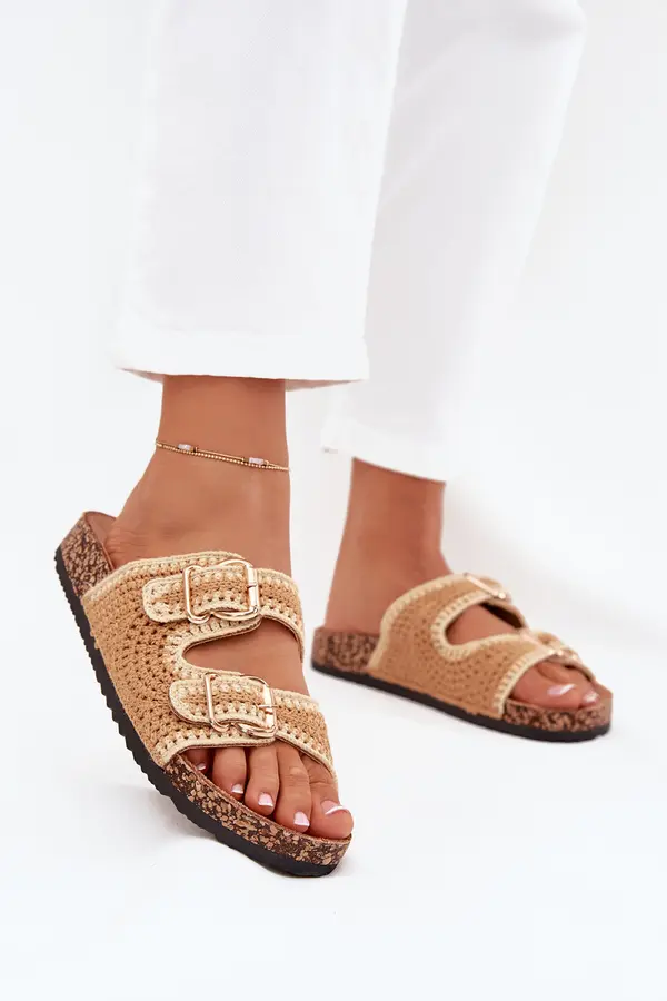 Boto Boto Crocheted Women's Slippers With Golden Buckles Camel Fenira