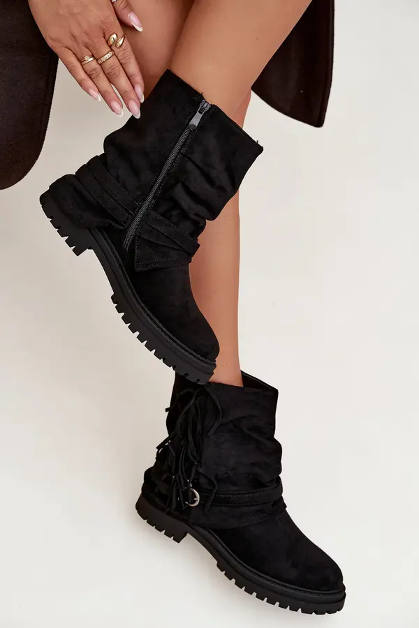 Boto Boto Insulated Women's Ankle Boots With Fringes And Claries On Flat Heel Black Helianne