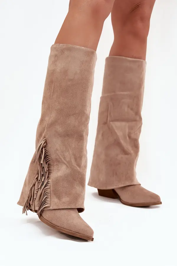Boto Boto Ladies Slip-On Cowboy Boots With Heel And Fringes Beige Zalia