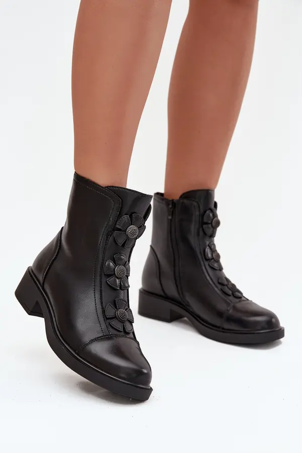 Boto Boto Leather Women's Ankle Boots With Decorative Flowers Warm Black Belverine