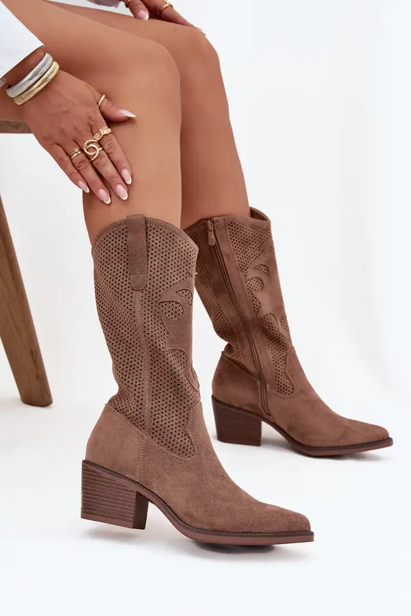 Boto Boto Openwork Cowboy Boots Women's Heeled Dark Beige Olivette