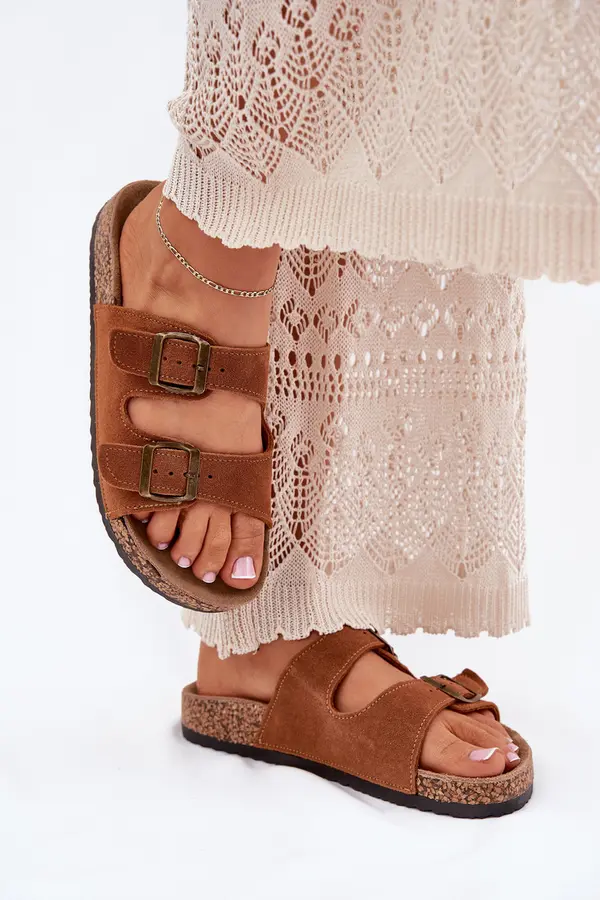 Boto Boto Suede Slippers On Cork Sole With Buckles Camel Tavira