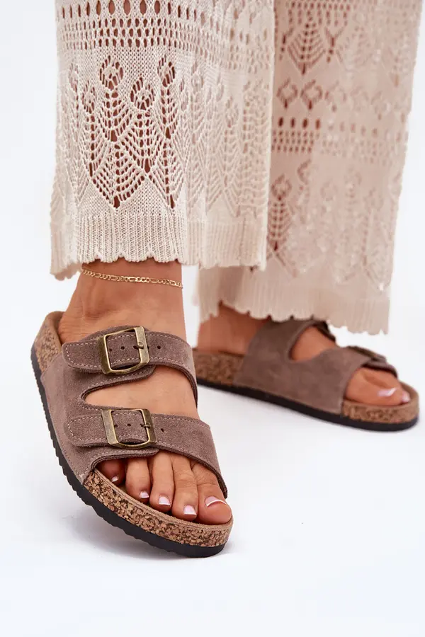 Boto Boto Suede Slippers On Cork Sole With Buckles Dark Beige Tavira