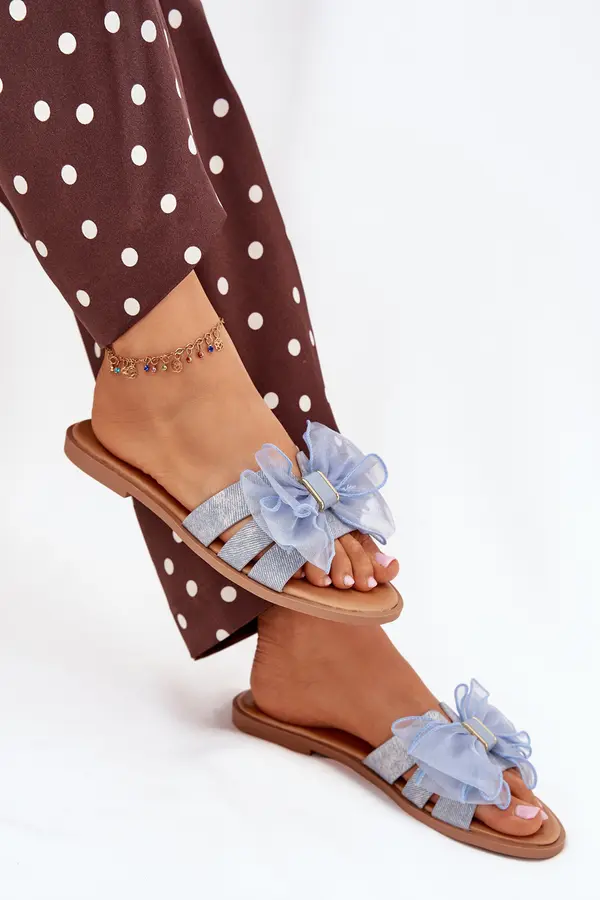 Boto Boto Women Flat Heel Slippers With Tulle Bow Denim Tanira