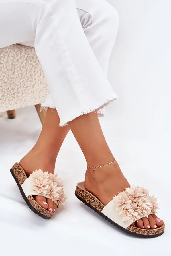 Boto Boto Women's Cork Sole Slippers With Decorative Flowers Beige Seleneza