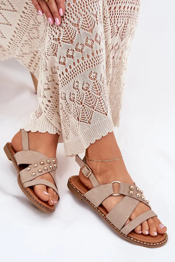 Boto Boto Women's Flat Heeled Sandals With Gold Studs Beige Zanira