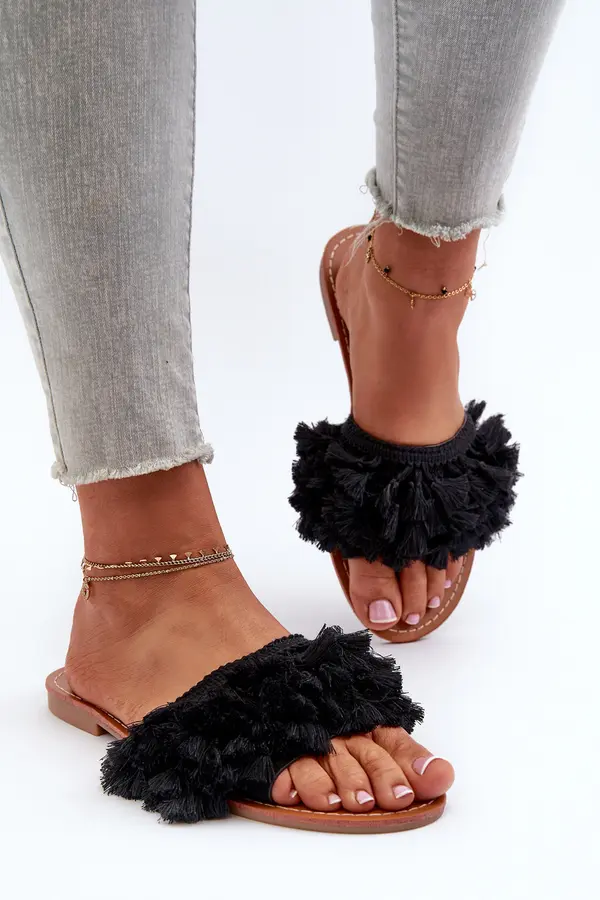 Boto Boto Women's Flat Sandals with Fringes Black Rialle
