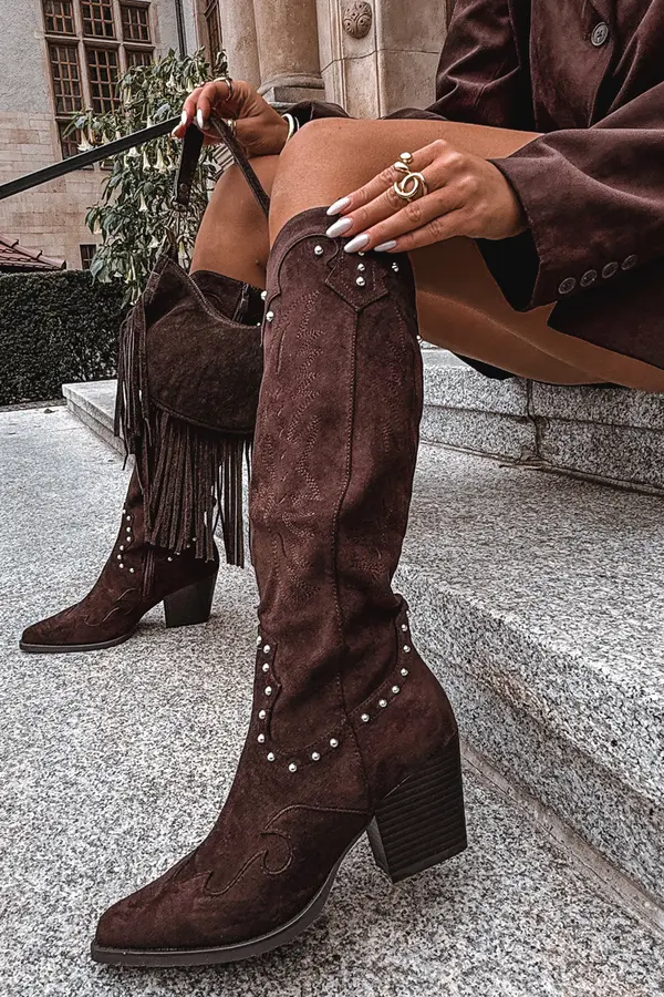 Boto Boto Women's Leather Cowboy Boots With Decoration On The Heel Chocolate Darella