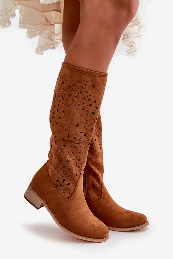 Boto Boto Women's Low Heel Cutout Boots in Faux Suede with Zip Closure Camel Orchides