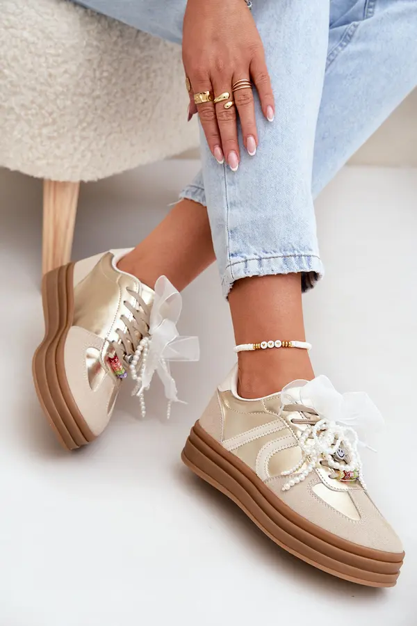 Boto Boto Women's Platform Sneakers With Decorations Beige-Gold Vinness