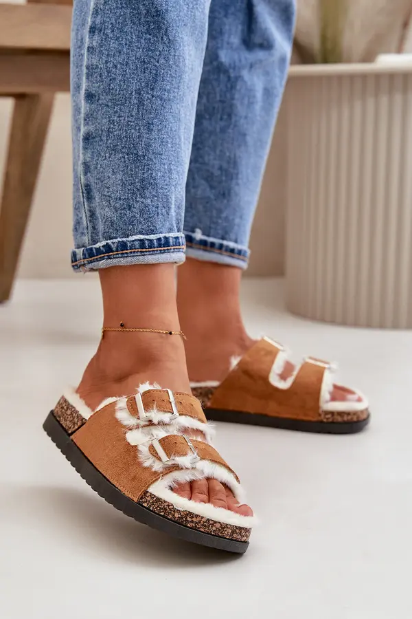 Boto Boto Women's Slippers With Buckles And Fur Camel Ezilena