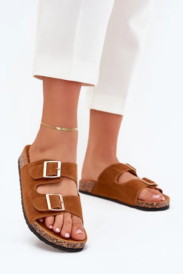 Boto Boto Women's Slippers With Golden Buckles And Stitching Camel Lunera