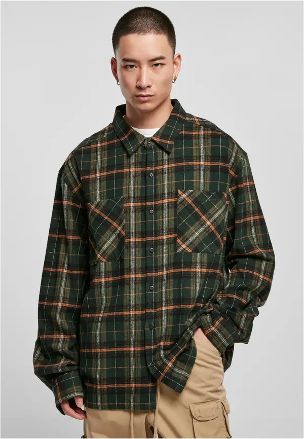 Urban Classics Boxes Fane Check Shirt bottle green/orange