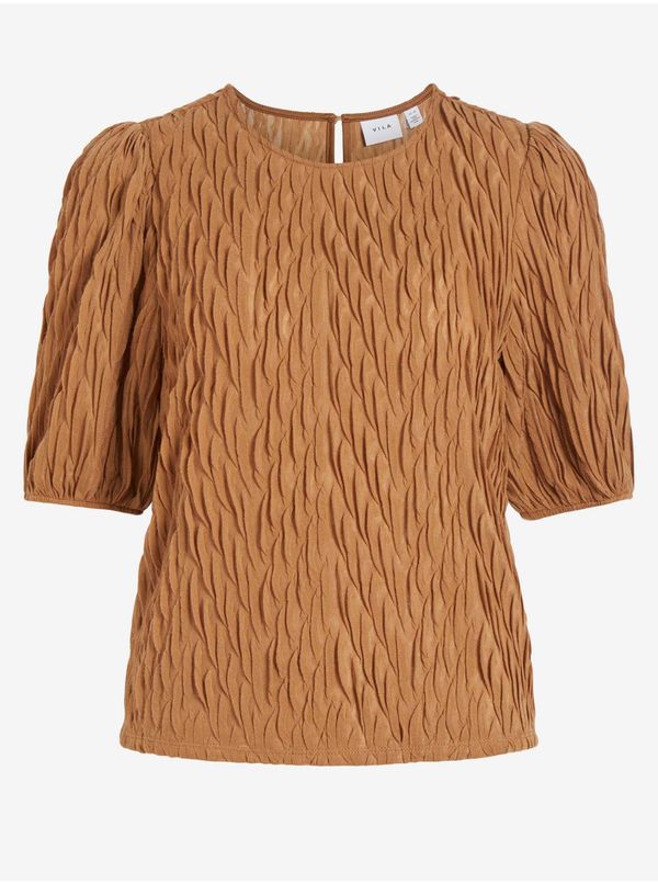 Vila Brown Pleated Blouse with Balloon Sleeves VILA Plisso - Women