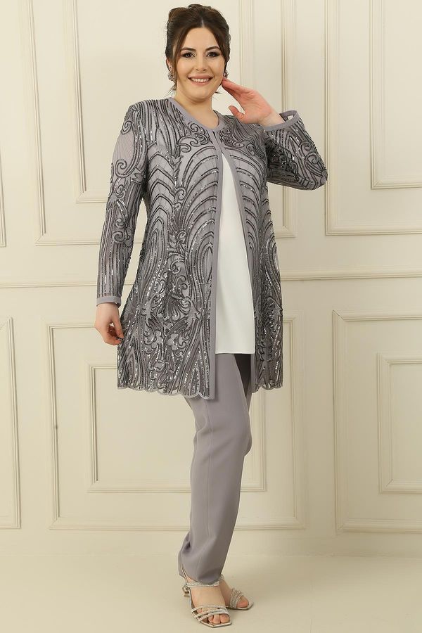 By Saygı By Saygı 3-Piece Suit With Inner Sleeveless Blouse Piping Lined Floral Embroidered Jacket and Trousers