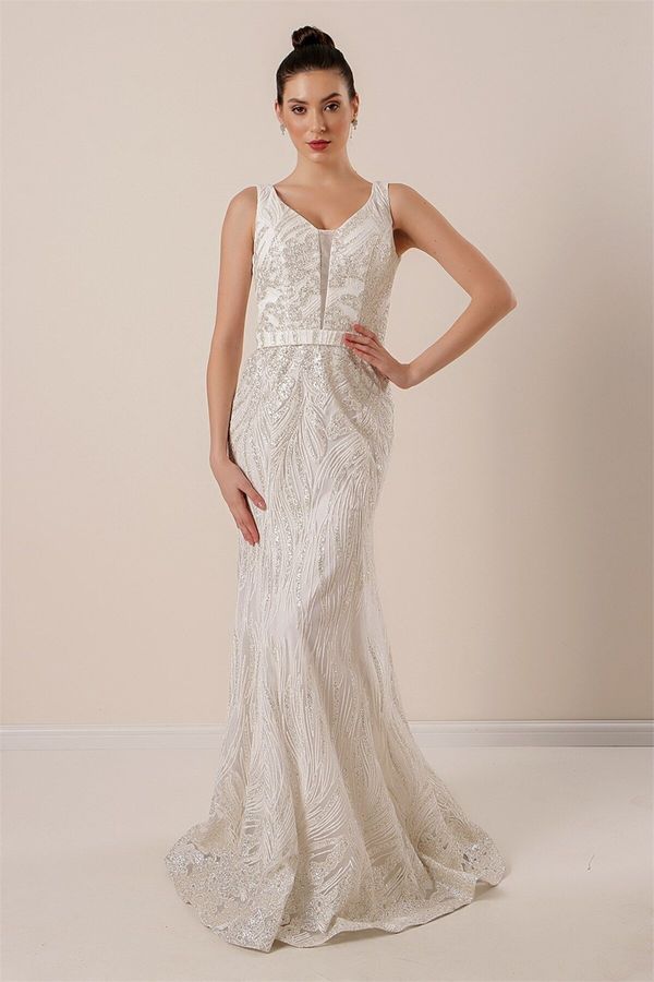 By Saygı By Saygı Debele trake Ghost Tille obložena srebrnastom kremom za duge haljine