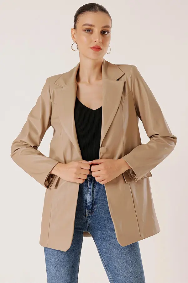 By Saygı By Saygı Double Button Fake Pocket Obložena kožna jakna