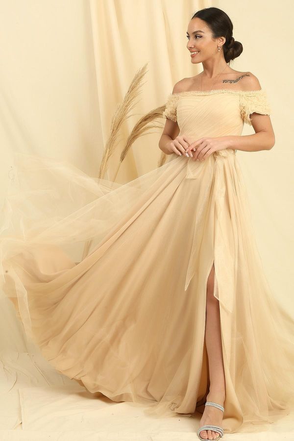 By Saygı By Saygı Frilly Belted Collar And Sleeves Lined Long Tulle Dress