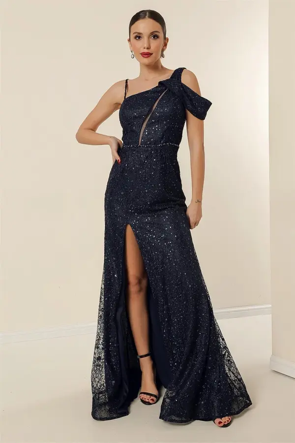 By Saygı By Saygı Navy Blue One Side Rope trake struk beaded obložena šljokica izvezeni prednji prorez
