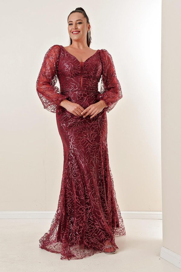 By Saygı By Saygı prednji stražnji V-izrez svjetlucavi jato print plus veličina duga haljina